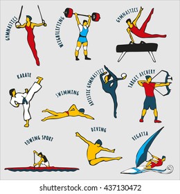 Athletes isolated on the grey background. Set of summer games icons. Vector illustration of sportsmen for any competition and championship design. Rio 2016 games. Summer Sport Brazil.