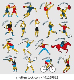 Athletes isolated on the grey background. Set of summer games icons. Vector illustration of sportsmen for any competition and championship design. Rio 2016 games. Summer Sport Brazil