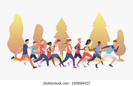 Athletes jogging together in woods vector illustration. Marathon, training, sprinting. Sport concept. Design for website templates, posters, banners