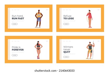 Athletes Landing Page Template. Male and Female Characters Runner, Basketball Player, Gymnast with Hoop, Javelin Thrower Wear Uniform Posing, Successful Champions. Cartoon People Vector Illustration