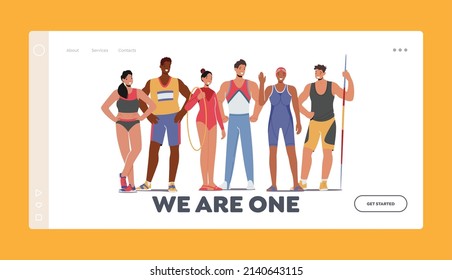 Sportler Landing Page Template. Männliche und weibliche Charaktere stehen in der Reihe. Runner, Basketballspieler, Weightlifter, Schwimmer, Javelin Thrower tragen Uniform Posing. Vektorgrafik von Cartoon People