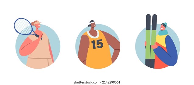 Athletes Male and Female Characters Isolated Round Icons or Avatars. Tennis or Basketball Player, Skier Portraits, People Wear Uniform on White Background. Cartoon Vector Illustration
