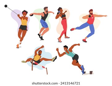 Athletes Male and Female Characters Set. Runner, Obstacle Jumper, Put Shot and Discus Throwing. Sportsmen and Sportswomen in Action during Sport Game or Competition. Cartoon People Vector Illustration