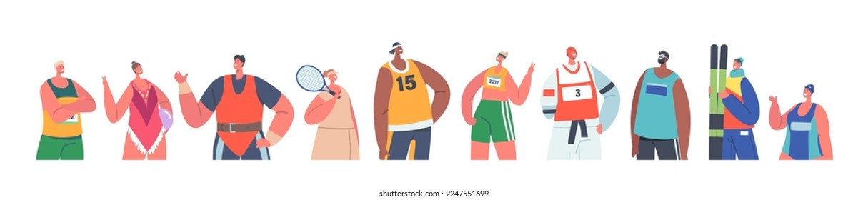 Athletes Male and Female Characters Stand in Row. Isolated People Runner, Tennis or Basketball Player, Skier, Weightlifter, Swimmer and Gymnast Wear Uniform Posing. Cartoon Vector Illustration