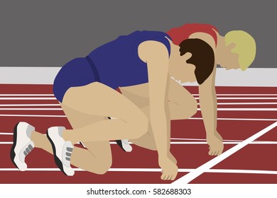 Athletes on the starting blocks. Running men on low start. Motivation concept. Flat vector stock illustration.