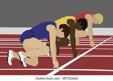 Athletes on the starting blocks. Running men on low start. Motivation concept. Flat vector stock illustration.