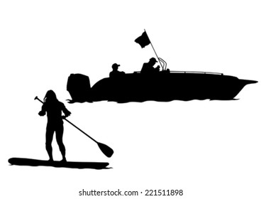 Athletes on a surfboard with a paddle on white background