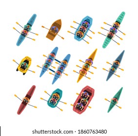 Athletes paddling kayaks, kayaking water sport, outdoor activities in summertime. Rowing top view on white background. Water sports boat team, canoeing and kayaking. Vector illustration in flat style.