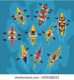 Athletes Paddling Kayaks Set, Kayaking Water Sport, Outdoor Activities in Summertime, Top View Vector Illustration