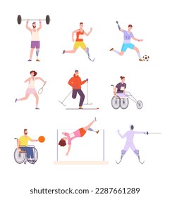 Athletes. People with disability, prosthetics legs, athlete on wheelchair at winter or summer sport marathon, sprinter splendid vector illustration of prosthetic athlete