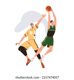 Athletes play basketball. Players competitors rivals in movement, jumping up, throwing, shooting ball at sports tournament, competition. Flat graphic vector illustration isolated on white background