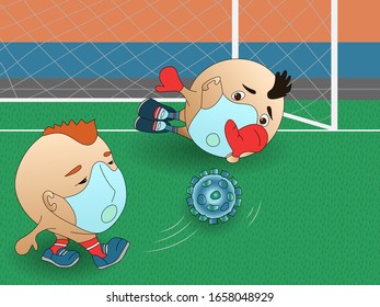 Athletes play soccer during an epidemic of viral diseases. Forward and goalkeeper in medical masks. Personal health protection concept.