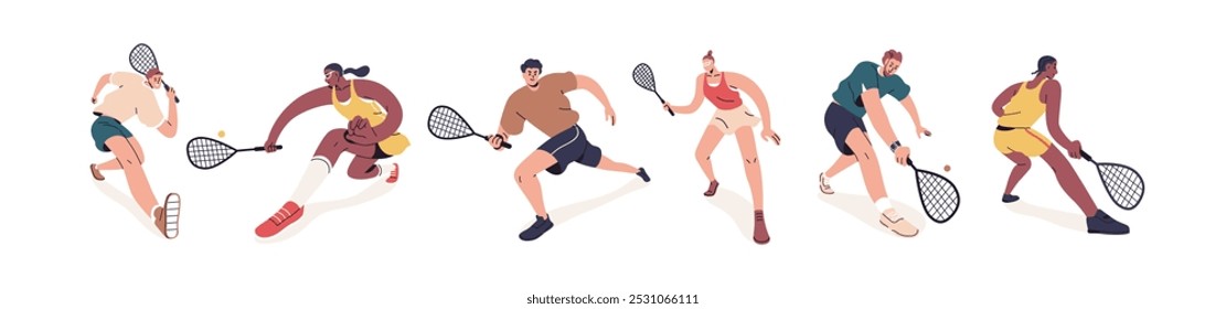 Atletas jugando squash, juego de deportes. Jugadores de hombres y mujeres con raqueta y pelota. Entrenamiento activo, acción, movimientos con raquetas, pelotas de raqueta. Ilustración vectorial plana aislada sobre fondo blanco