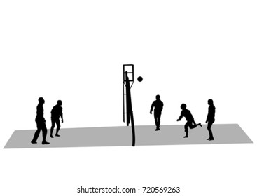 Athletes playing volleyball on a white background