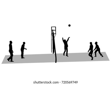 Athletes playing volleyball on a white background