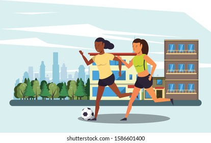 athletes practicing football soccer on the city vector illustration design
