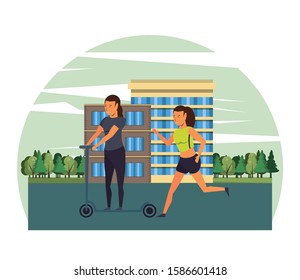 athletes practicing skateboard sports on the city vector illustration design