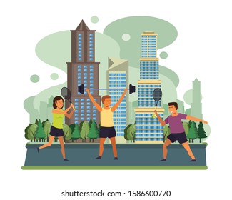 athletes practicing sports on the city vector illustration design