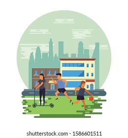 athletes practicing sports on the city vector illustration design