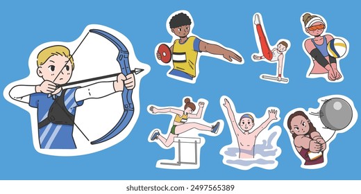 Athletes practicing various sports in a sticker vector illustration, including archery, discus throw, gymnastics, volleyball, hurdling, swimming, and hammer throw