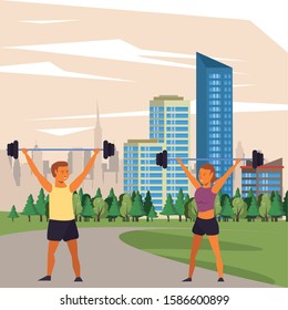 athletes practicing weight lifting on the city vector illustration design