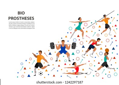 Athletes with prosthetic legs on a white background. Set of  athletic people doing various kinds of sports. 