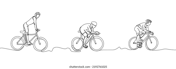 Athletes in a protective helmet rides bicycle set one line art. Continuous line drawing sports, training, sport, leisure, race, bike, cycle racing, tricks, street culture, urban, extreme, woman, man