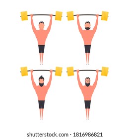 Athletes with raised barbells. Athlete Strong man set Isolated. Vector.