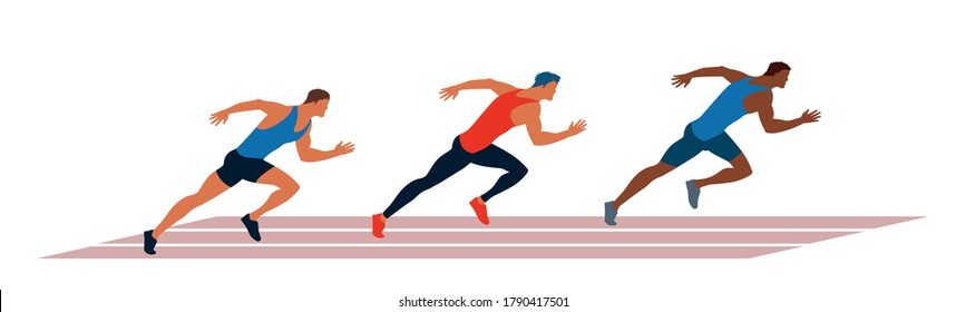 Athletes run through the stadium. Race of athletes. Young men are jogging in the fresh air. Vector flat design illustration.  Sport competition between running men.