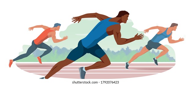 Athletes run through the stadium. Race of athletes. Young men are jogging in the fresh air. Vector flat design illustration. Sport competition between running men.