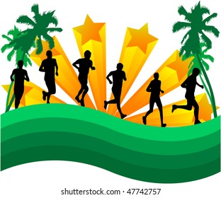 Athletes runners-abstract background with palm trees