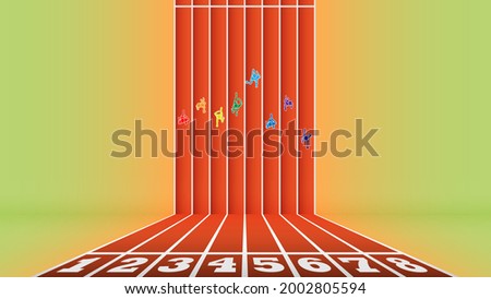 Athletes running in abstract athletic track from top view.