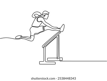 Athletes running across obstacles illustrated in continuous one line drawing. Person athlete jumping over a hurdle on the track, sport activity concept showcasing competition.