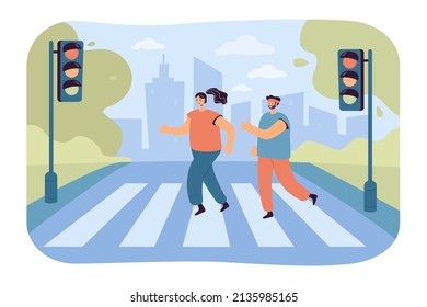 Atletas corriendo en la ilustración de vector plana de pasos cruzados. Hombre y mujer con ropa deportiva trotando juntos por la mañana en el parque de la ciudad. Deporte, concepto de aptitud para banner, diseño de sitio web o página web de aterrizaje