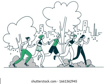 Athletes running marathon. Group of active people jogging in park flat vector illustration. Activity, healthy lifestyle, morning exercise concept for banner, website design or landing web page