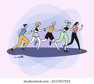Athletes running marathon. Group of active people jogging outdoors flat vector illustration. Activity, healthy lifestyle, morning exercise concept for banner, website design or landing page
