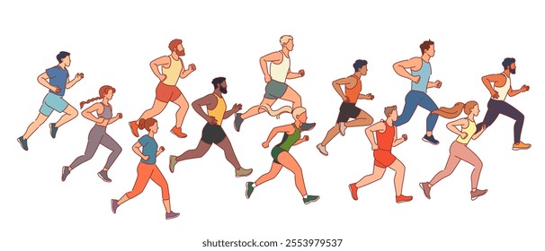 Athletes running marathon. People in sports uniforms, speed competition, jogging men and women, racing run, runners characters in sportswear, healthy lifestyle vector cartoon isolated set