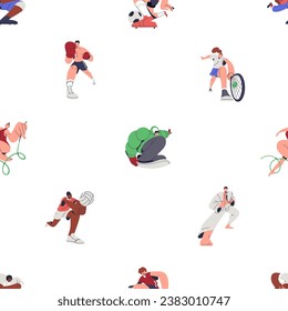 Athletes, seamless pattern. Active people doing different sports activities. Tennis, soccer, boxing, repeating print. Endless background design. Colored flat vector illustration for fabric, textile