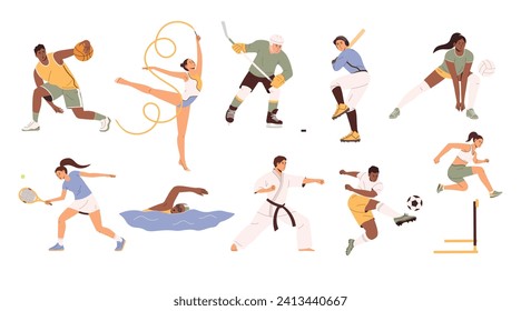 Los atletas se pusieron. Baloncesto, tenis, fútbol y fútbol, voleibol, hockey y beisbol, gimnasia, karate, corredor de hurones y nadador. Ilustración vectorial plana aislada en fondo blanco