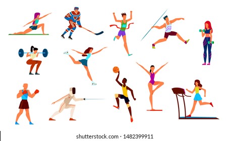 Athletes set. Gymnast and runner, boxer and figure skater, basketball player and hockey player. Fitness, cartoon vector gymnastics playing boxing performance sportsman