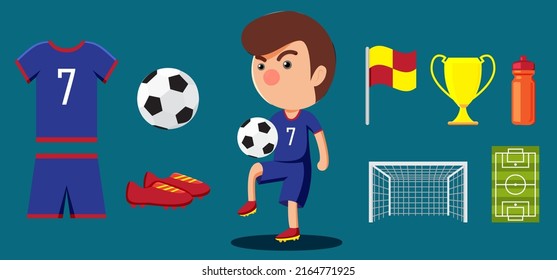 Athletes and Soccer sport equipment with objects such as soccer ball, uniforms, studs, flags, trophies, water bottles, goals, field. isolated vector illustration 