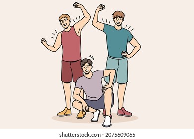 Athletes And Sport Lifestyle Concept. Group Of Young Smiling Strong Men Standing Sitting Showing Biceps After Workout Vector Illustration 