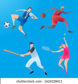 Athletes sports basket ball player. Soccer ad football player. Tennis player. Soft ball, cricket player. Man and woman in sport competition.