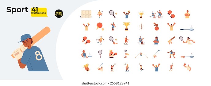 Athletes sports equipment cartoon flat illustrations mega bundle. Diverse sportsmen playing training 2D images isolated on white. Winner tournament recreation collection vector drawings colorful