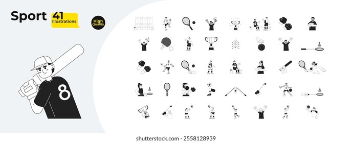 Athletes sports equipment outline illustrations mega bundle. Diverse sportsmen playing training 2D linear images isolated. Winner tournament recreation collection black and white vector drawings