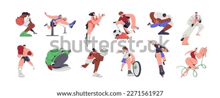 Athletes and sports set. Professional football, basketball, tennis, soccer, rugby players, boxing, gymnastics, karate, track and field sportsmen. Flat vector illustrations isolated on white background