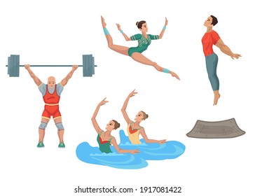 Athletes. Sports, various athletes, exercises. Light and weightlifting, boarding and jumping. Vector characters, flat cartoon style illustrations