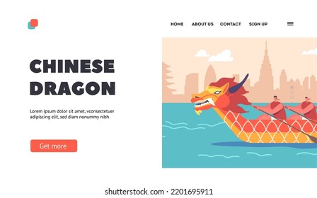 Athletes Swim On Chinese Dragon Boats Landing Page Template. Rowing Competitions, Sport. Team Of Men Athletes Rowing Compete For Victory In Race Or Water Games Tournament. Cartoon Vector Illustration