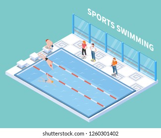 Atletas e instructores durante el entrenamiento deportivo en piscina pública composición isométrica en fondo turquesa ilustración vectorial