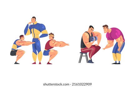 Athletes training with coach set. Muscular men doing squats and exercising with kettlebell cartoon vector illustration